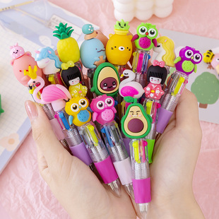 Korean cute cartoon cute head four-color mini color ballpoint pen student stationery gift prizes wholesale