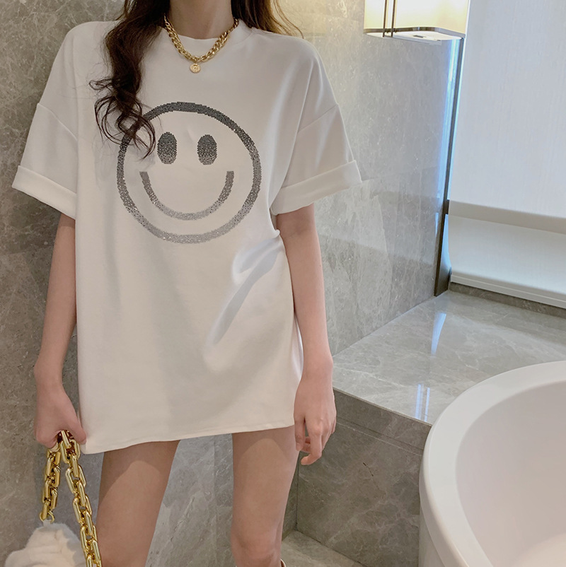 Smiley printed loose short sleeve T-shirt women's 2023 spring and summer new casual bottoming shirt women's top a generation of hair