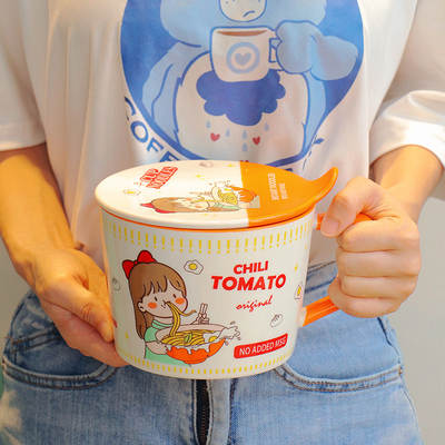 Microwave oven instant noodle bowl dormitory student ceramic cute with lid with tableware handle dry noodles office girl's heart