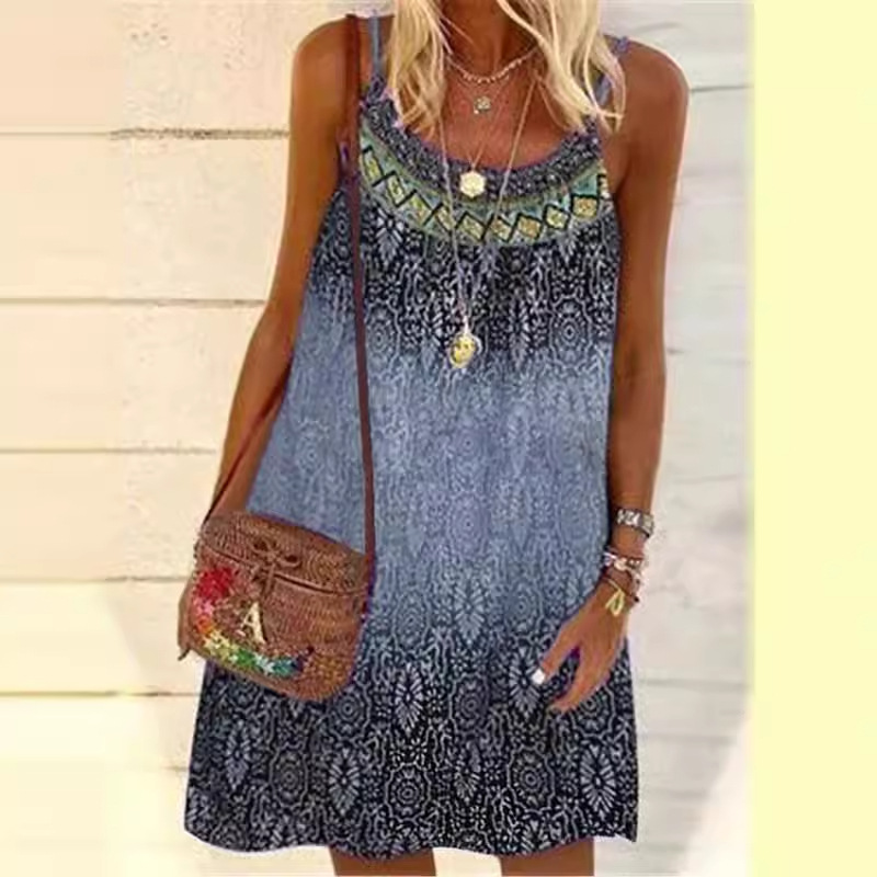 Cross-border European and American 2024 spring and summer new casual fashion personalized digital printing loose strap chiffon dress