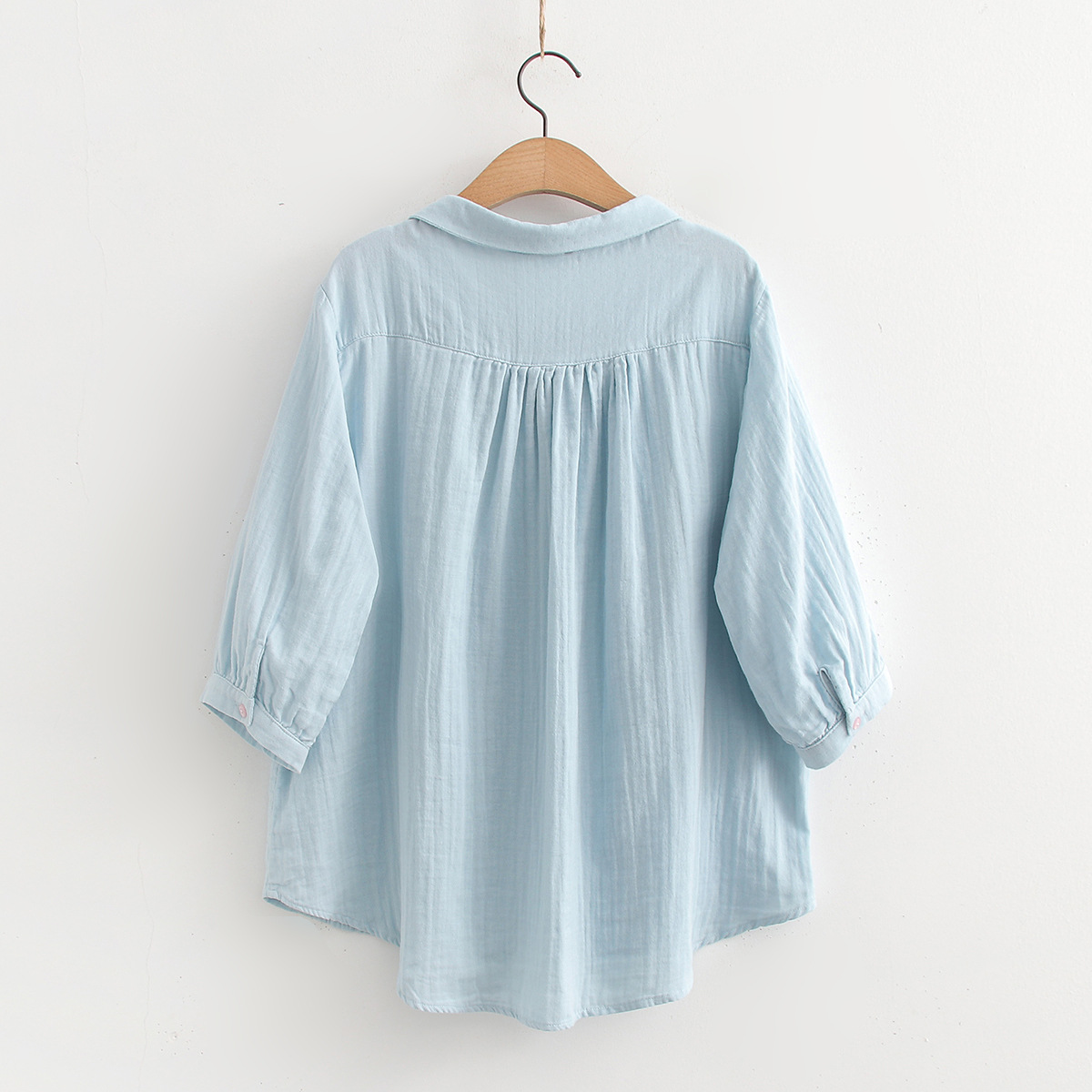 888125 fresh colorful button double-layer cotton yarn 3/4 sleeve shirt women's summer New loose slimming top