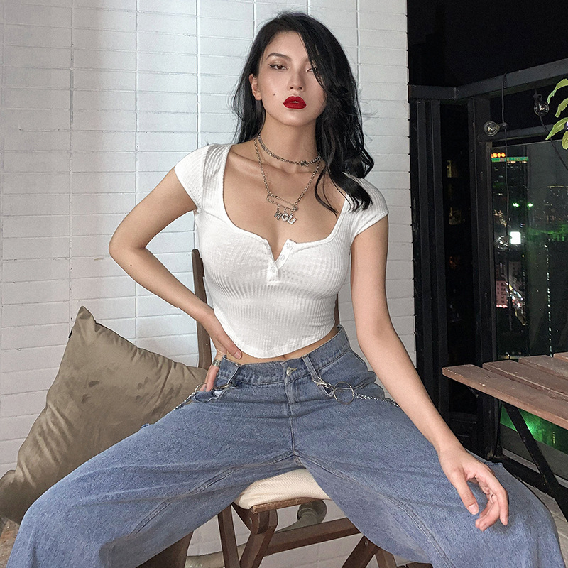 European and American hot girl style solid color navel sexy short-sleeved T-shirt Women's Super figure versatile short top spring and summer New