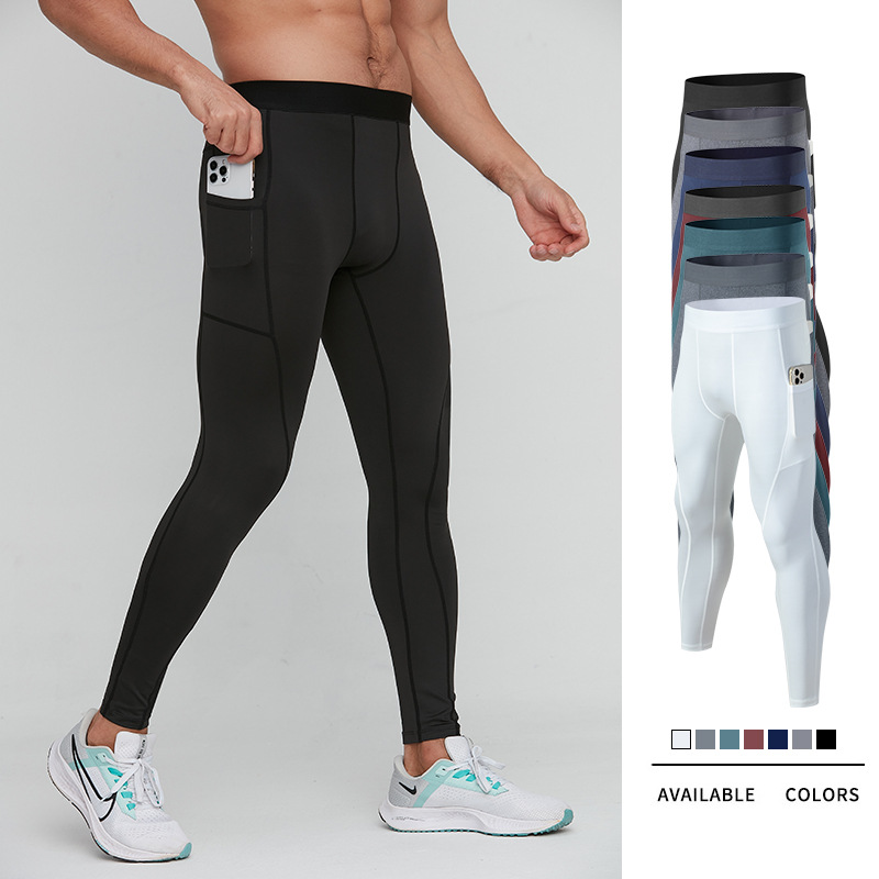 Men's Skinny Sports Pants Fitness Running Training Trousers Cross-border Breathable Quick-drying Stretch Side Pocket Skinny Pants