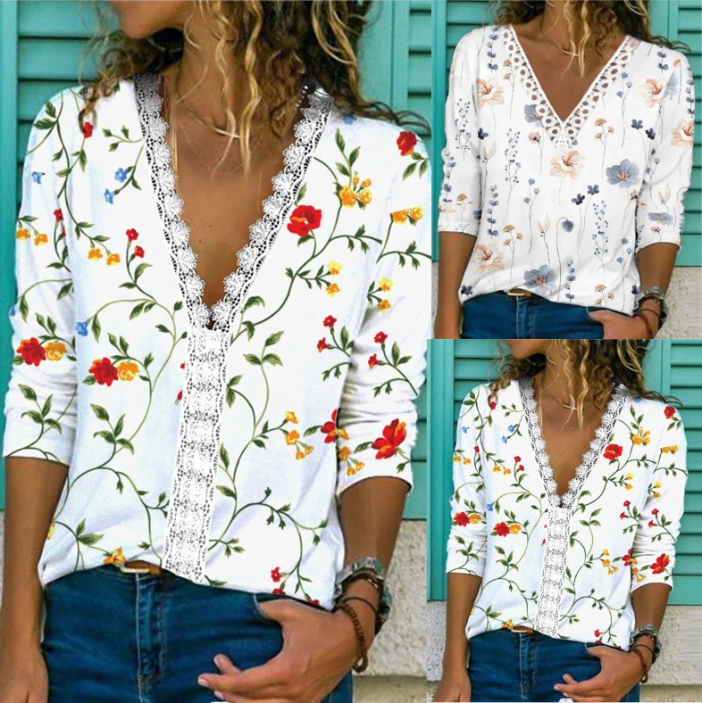Spot 2022 Autumn Cross-border Independent Station Amazon Hot Women's Lace Casual Flower V-neck Top
