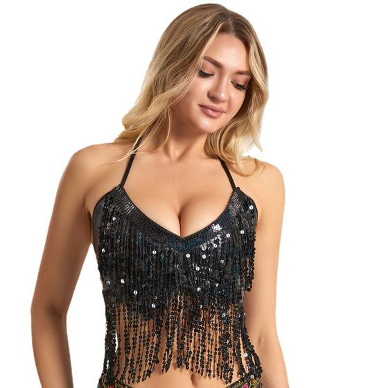 Halloween European and American sequins watch performance top belly dance tassel top DS nightclub stage sling party bra