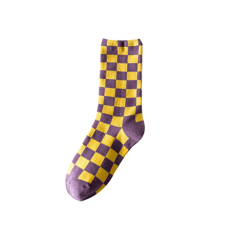 Small Zanthoxylum bungeanum Autumn and Winter New Style Women's Socks Fashion Trendy Chessboard Medium Socks Simple Japanese and Korean Plaid Trendy Socks