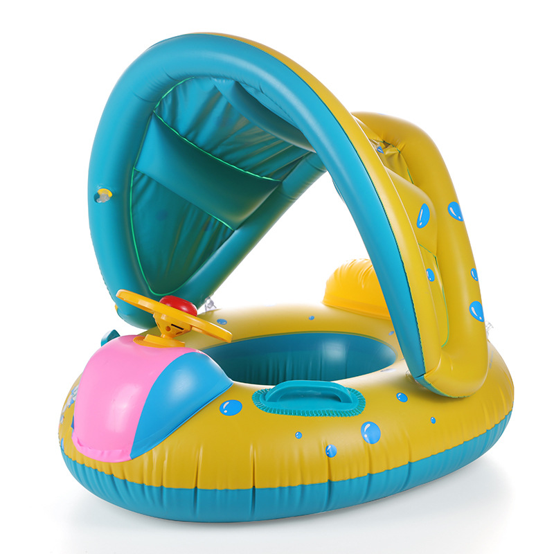 Sunscreen children's inflatable yacht with steering wheel swimming ring cartoon baby horn awning inflatable seat ring