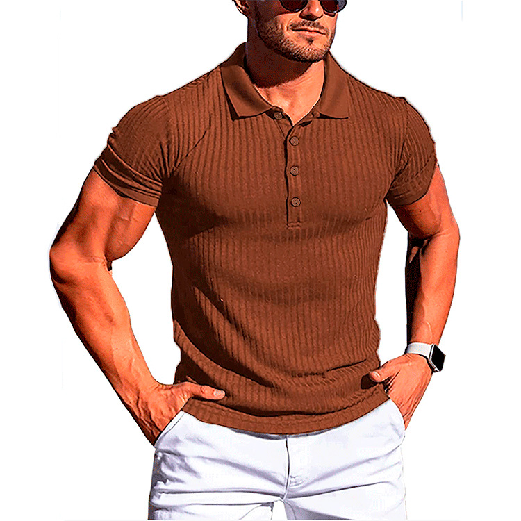 男士跑步运动健身服 夏季高弹力竖条短袖POLO衫修身针织打底衫