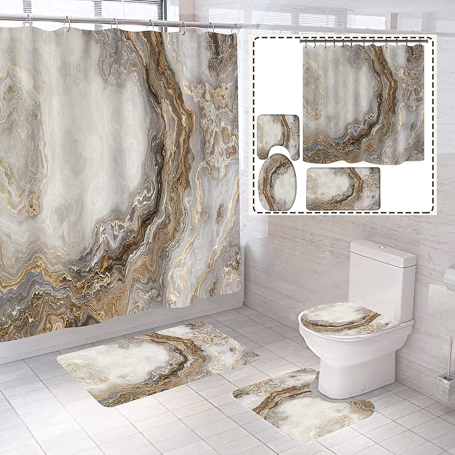 Marble digital printing shower curtain waterproof shower curtain four-piece bathroom curtain thickened cross-border Amazon wholesale