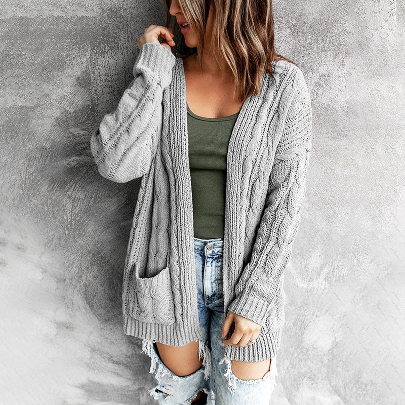 Cross-border Solid Color Pocket Long Twist Knitted Cardigan Jacket for Autumn and Winter 2023 New European and American Pocket Sweater for Women