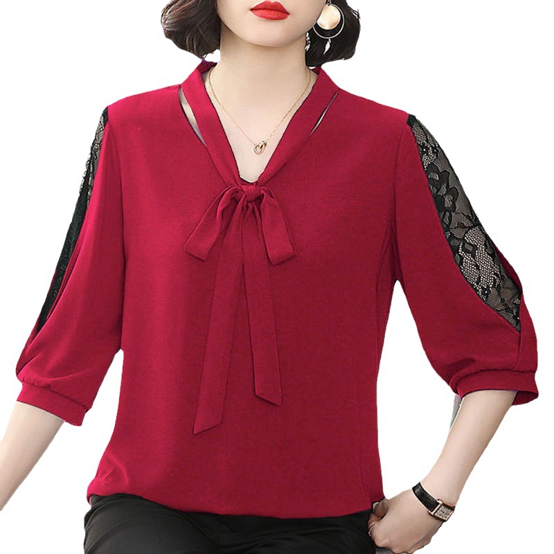 Chiffon Shirt Western Style Super Fairy Shirt V-neck Turtleneck Bow Mid-sleeve Loose Large Size Belly Covering Lace Base Shirt