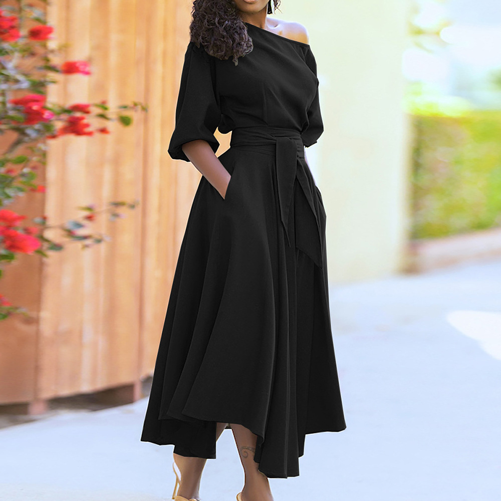 2024 foreign trade AliExpress wish Amazon European and American women's middle east strap waist temperament solid color dress