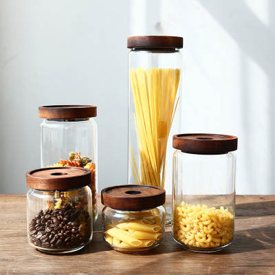 Japanese-style acacia wood sealed jar glass food glass bottle with lid multi-grain storage jar sugar jar coffee bean tea jar