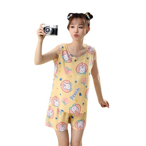 Pajamas Women's Summer Cotton Silk Two-piece Shorts Cute Vest Women's Summer Student Fresh Girl's Home Clothes suit
