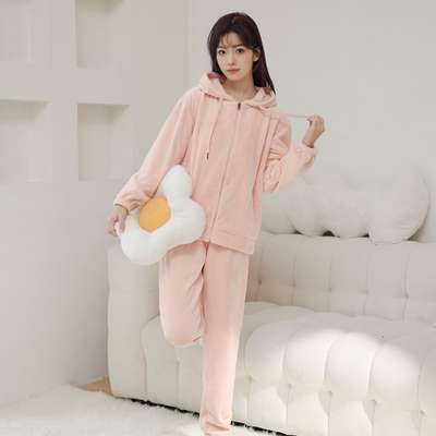 Flannel autumn and winter couple pajamas men's coral fleece thickened plus size hooded pajamas can be worn outside sports style suit