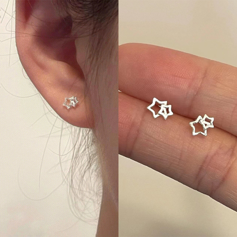 s925銀小清新可愛鏤空星星耳釘女精緻五角星耳釘百搭星形小巧耳飾