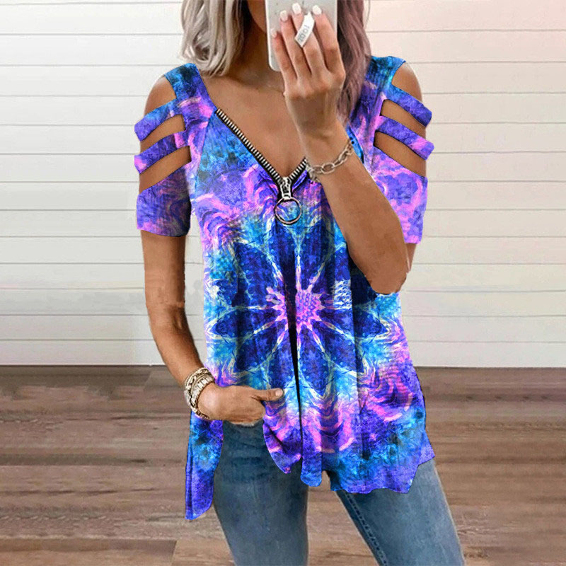2024 European and American cross-border wish foreign trade Women's V-neck zipper pullover short sleeve loose T-shirt women's hollow top