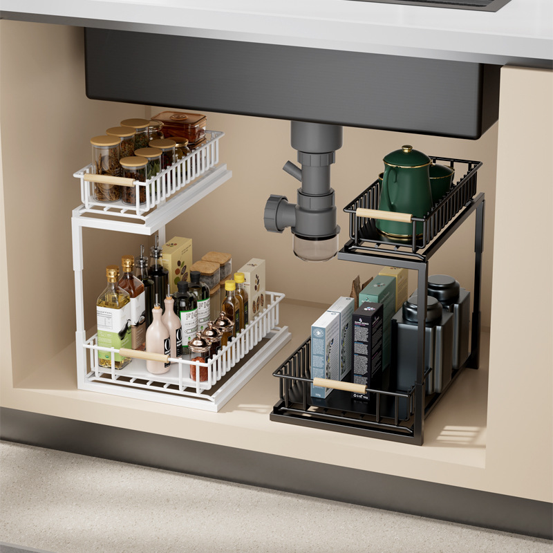 Amazon kitchen sink cabinet storage rack multi-functional layered rack seasoning basket pull-out storage rack