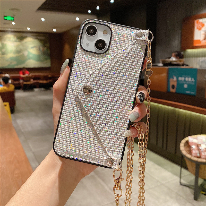 Card Holder card envelope iphone13 mobile phone case creative flash Diamond crossbody rope iphone14 mobile phone case applicable