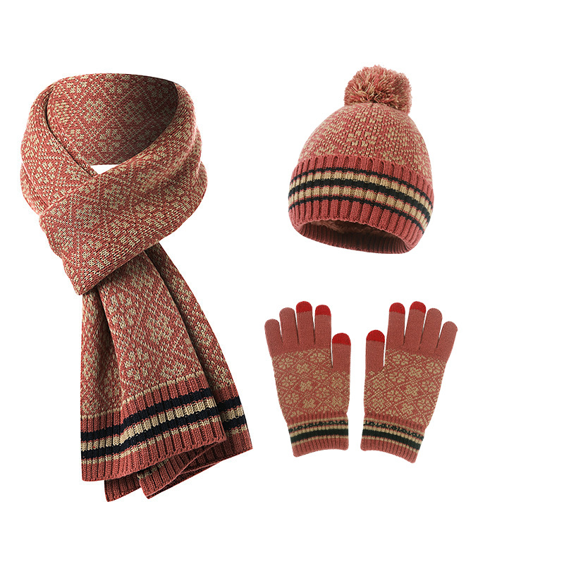 European and American winter knitted jacquard hat set foreign trade plus velvet warm wool hat scarf gloves three-piece set
