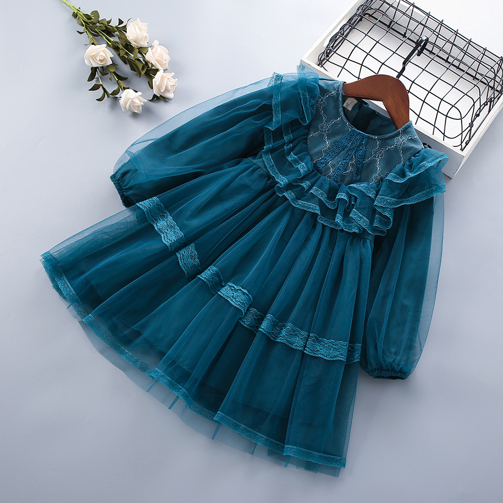 Spring and Autumn Girls' Dress Long-sleeved Korean Style Children's Wear Large-size Children's Lace Poncho Dress Children's Princess Dress