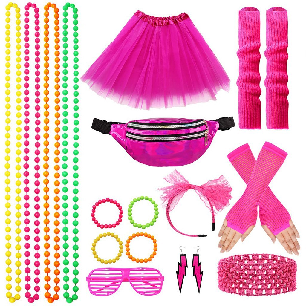 1980 s Accessories Crossbody Laser Waist Bag Chest Bag Neon Necklace Bracelet Skirt Leg Lace Headband Set