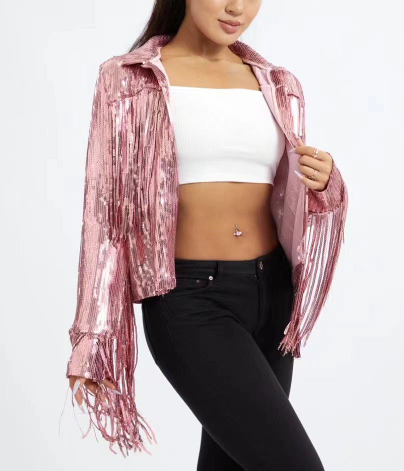 Cross-border women's clothing 2024 European and American sequins tassel coat star with beaded coat performance clothing with lining