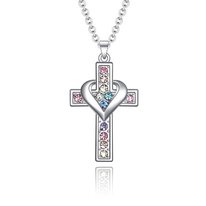 Cross-border new European and American fashion colored diamond cross necklace women's all-match pendant heart-shaped clavicle chain jewelry wholesale