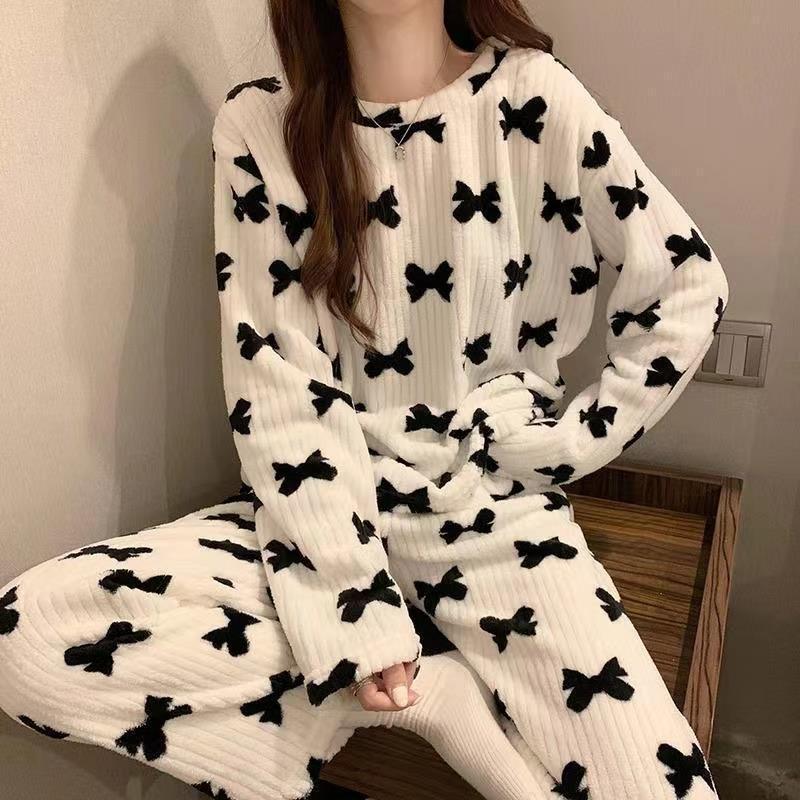 Bow Coral Fleece Pajamas Home Clothes 2022 Autumn and Winter New Women's Outwear Loose Thickened Lazy Suit