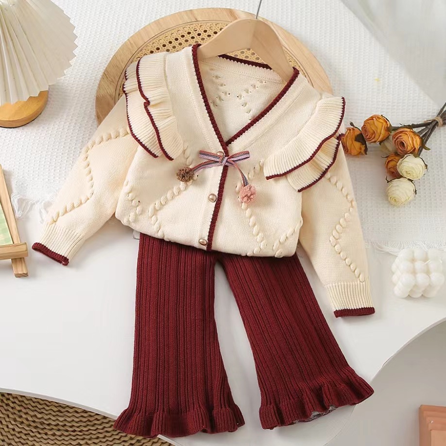 Girls' sweater + flared pants autumn and winter New baby girls' wooden ear open knitted cardigan + Western style flared pants Korean style