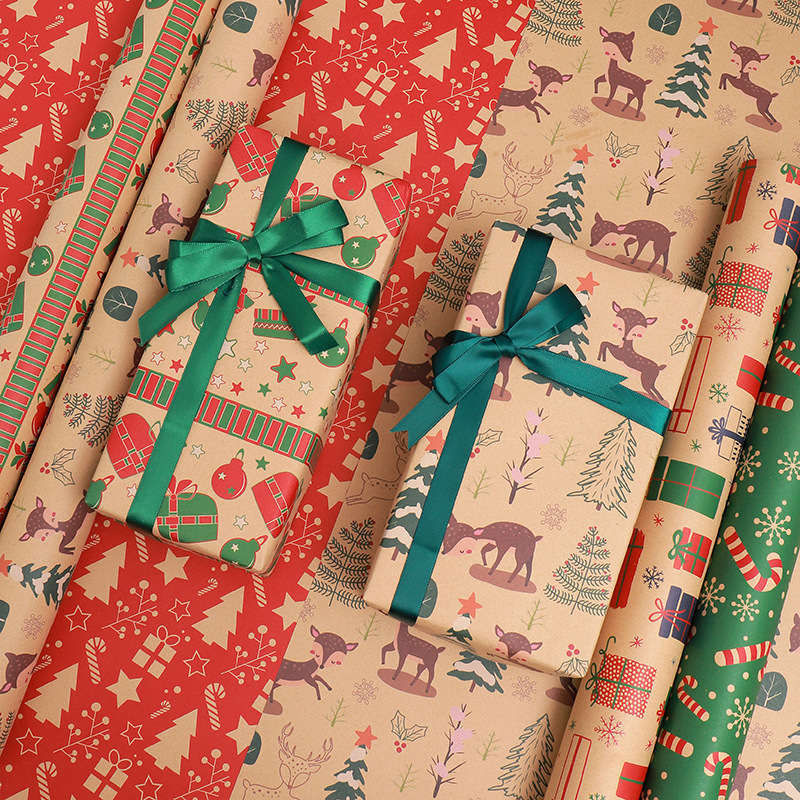 Cross-border new vintage Christmas Kraft paper wrapping paper cute cartoon Christmas gift wrapping paper wholesale