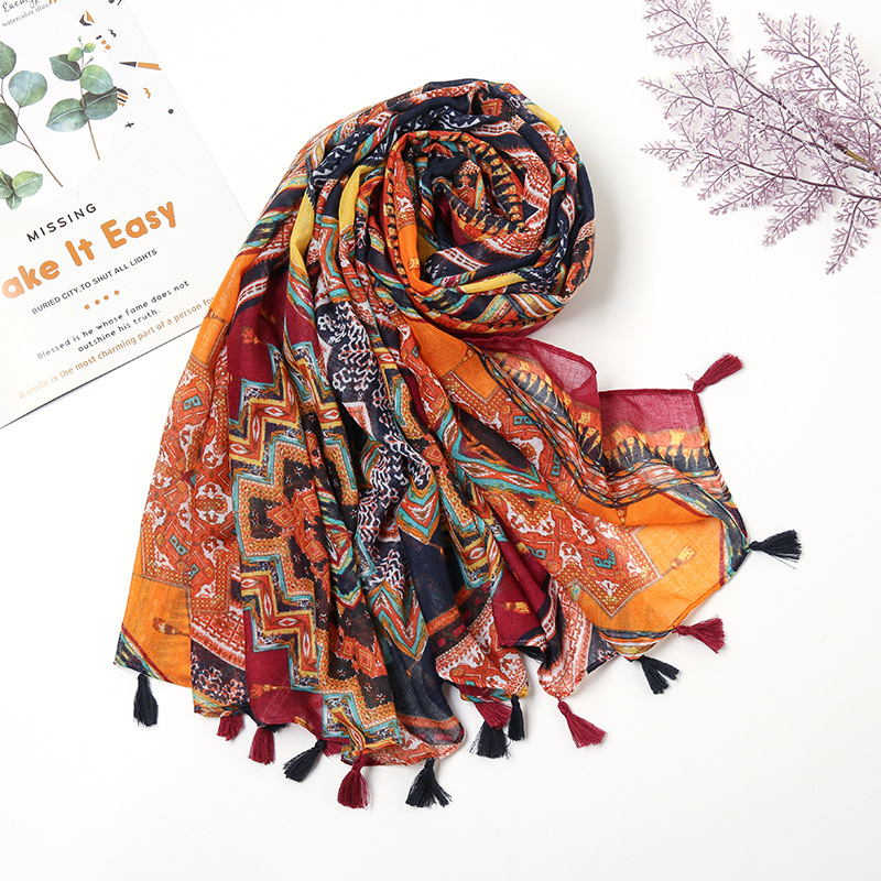 New Ethnic Style Color Geometric Diamond Totem Printed Cotton and Linen Scarf Women's Thin Travel Sunscreen Long Scarf