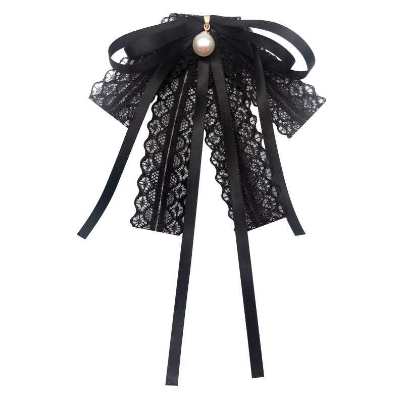 Women's Cute Lace New Clothing Accessories Black Lace Tie Pearl Tie Bow Pin Brooch