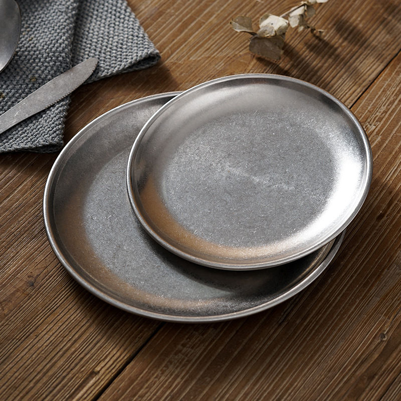 Stainless Steel Barbecue Plate Disc Sushi Plate Industrial Style Old Dish Western Food Plate Steak Cuisine Snack Plate Classical Plate