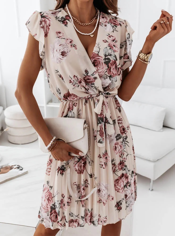 2021 Amazon wish AliExpress hot summer ruffled short sleeve V-neck digital printing dress women