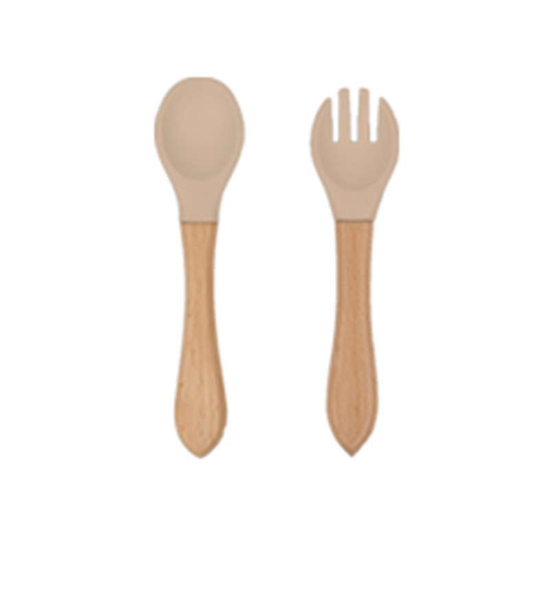 Creamy-white-silicone fork spoon with wooden handle