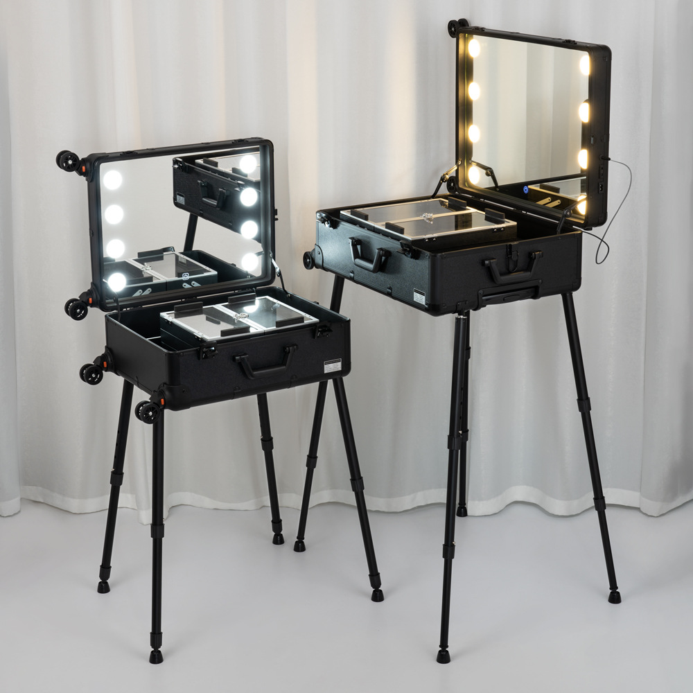 Full Mirror Touch Three-color Dimming Professional Makeup Case with Light Pull Rod Multi-layer Universal Wheel Makeup Follow-up Case 508
