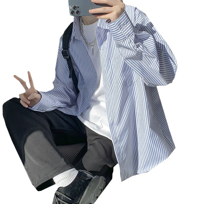 2023 new Japanese striped shirt men's long-sleeved shirt Hong Kong style men's Korean style trendy autumn casual jacket love