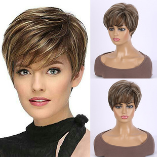 2021 hot-selling European and American wig women's realistic natural mixed color oblique bangs short hair chemical fiber headgear