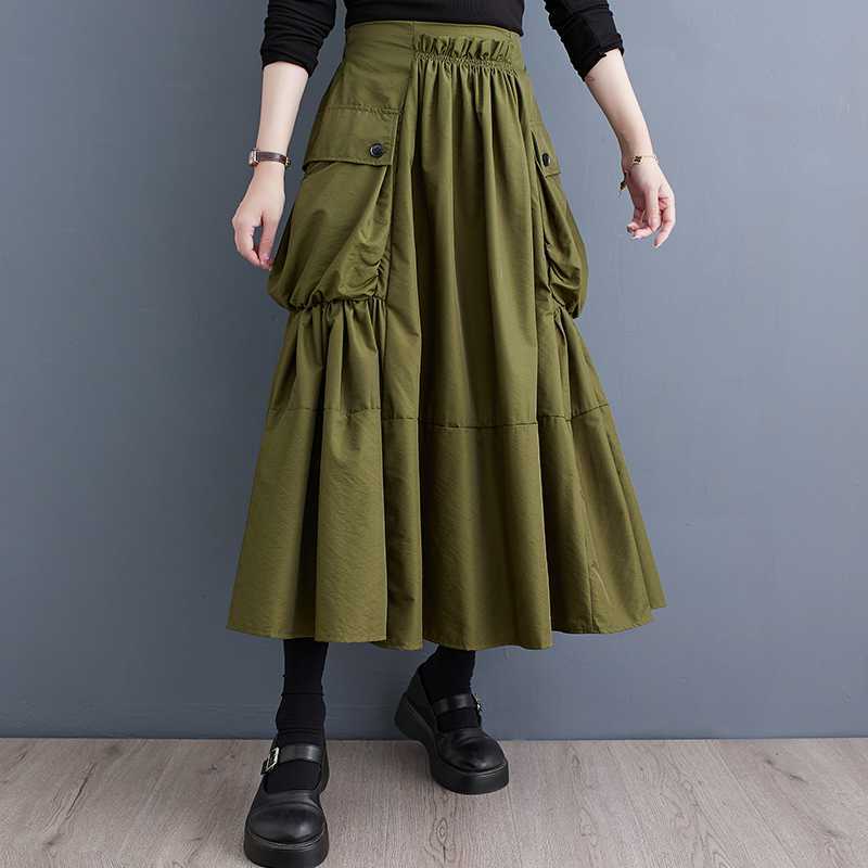 2023 Autumn New Korean style plus size loose slimming workwear large pocket large hem high waist pleated skirt