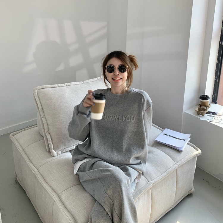 Concave-convex letters plus size suit women's 2024 spring and autumn cross-border South Korea New loose long-sleeved sweater trousers two-piece set