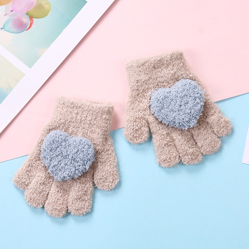 Children's gloves autumn and winter new love warm finger gloves little girl out windproof warm five finger gloves fleece-lined