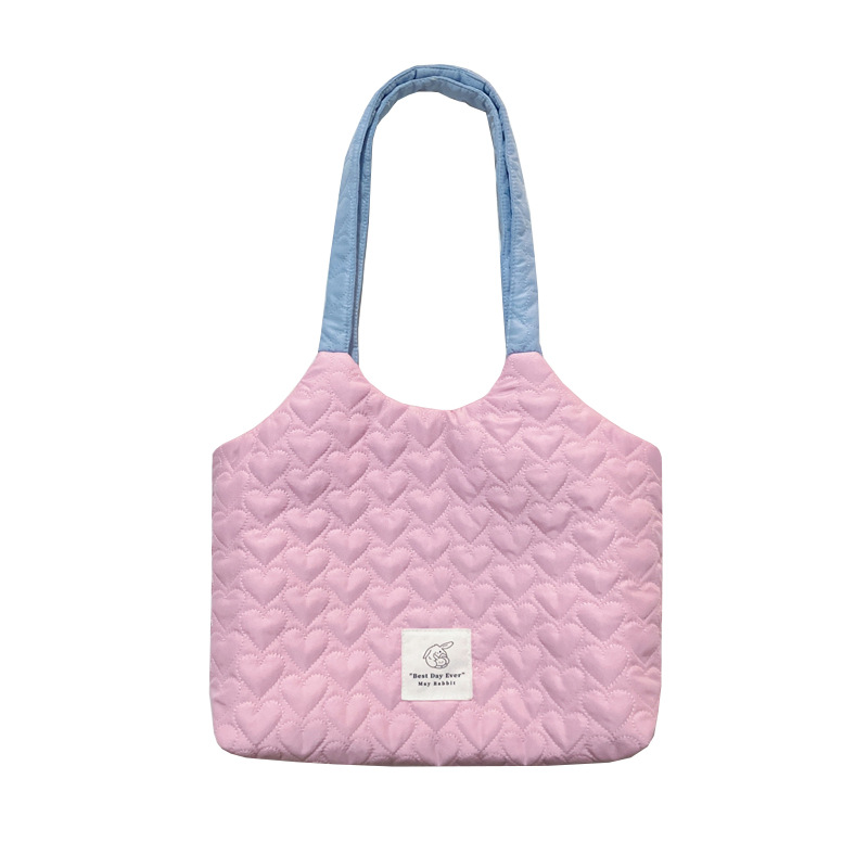 MAY RABBIT love quilted shoulder bag large capacity canvas bag contrast color underarm bag student school bag cloth bag