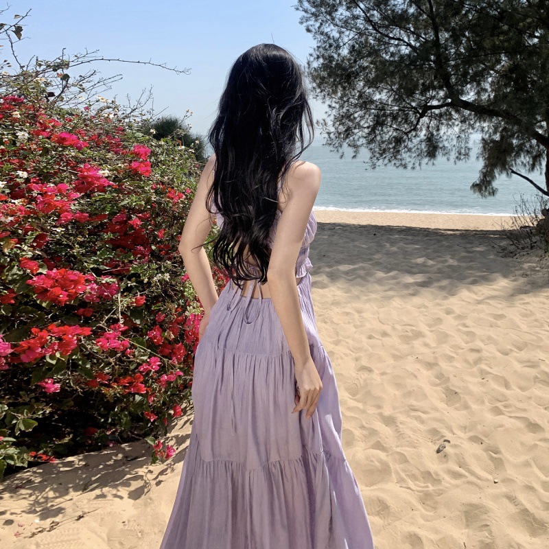 2023 Summer Fairy Vacation Style Long Dress Hole Large Skirt Open-Waist French Strap Backless Dress