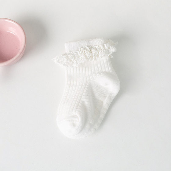 Amazon Children's Non-slip Spring and Autumn Cotton Socks Infants 0-6 Months Girls Solid Color Lace Socks Baby Floor Socks