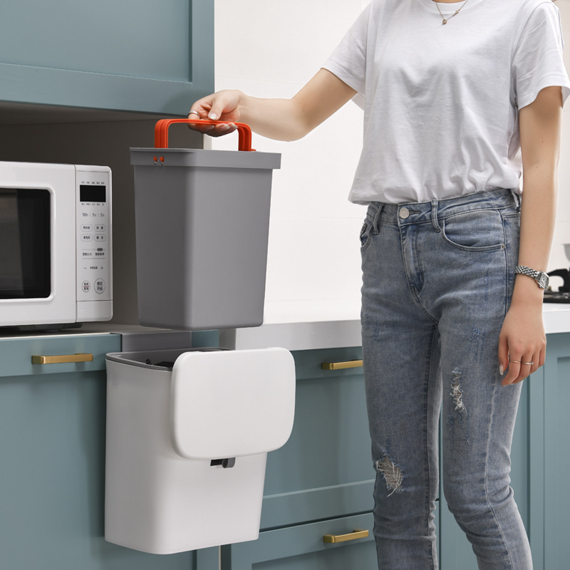 Household wall-mounted trash can with inner bin and handle kitchen cabinet door can be pasted with sliding lid trash can 9 liters