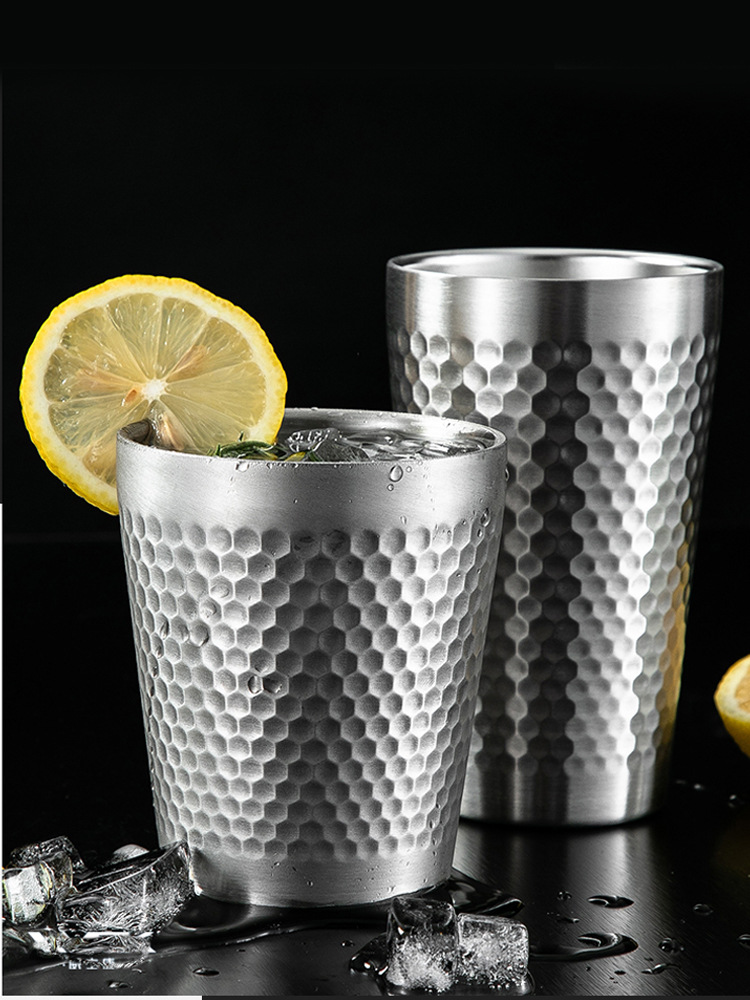 304 Stainless Steel Double Layer Golden Water Cup Hammered Juice Cup Barbecue Restaurant Beer Cup Tea Cup Drink Water Cup