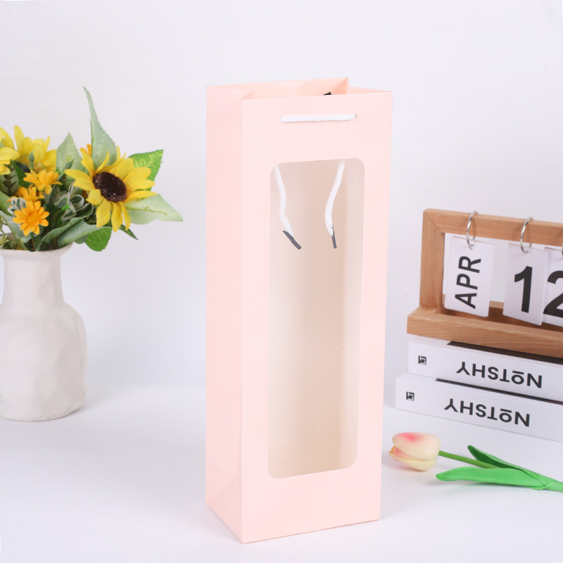 New single red wine portable gift bag open window paper Kraft paper bag transparent handbag rectangular gift bag