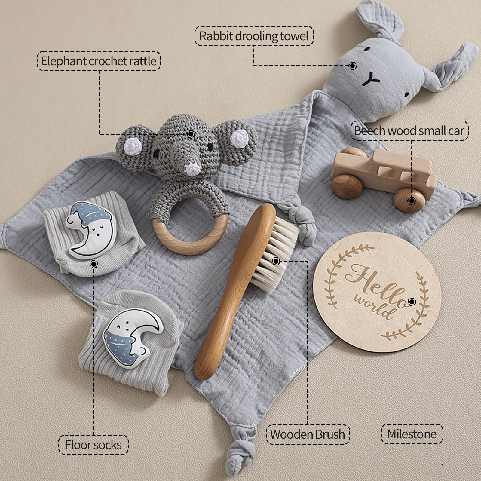 Newborn Infant Pacifying Rattle Rabbit Head Bath Towel Milestone Gift Box suit Crochet Rattle Socks Accompanying Gift
