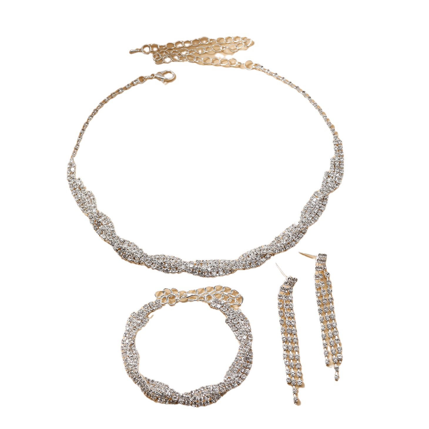 Wedding party jewelry three-piece set women's decorative fashion claw chain bright full diamond banquet bracelet necklace earrings